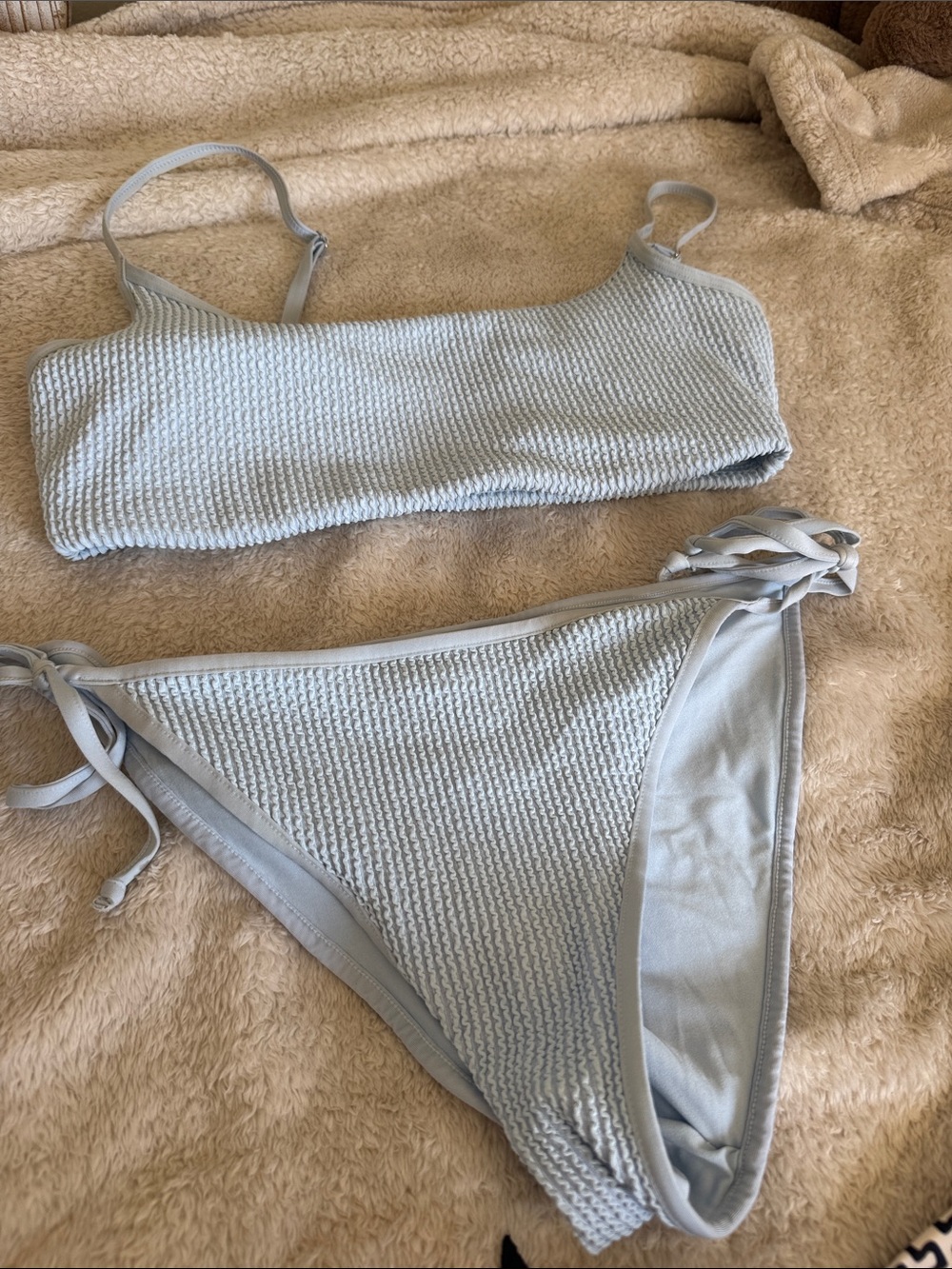 H&M Light Blue Textured Bikini Set with Tie-Side Bottoms